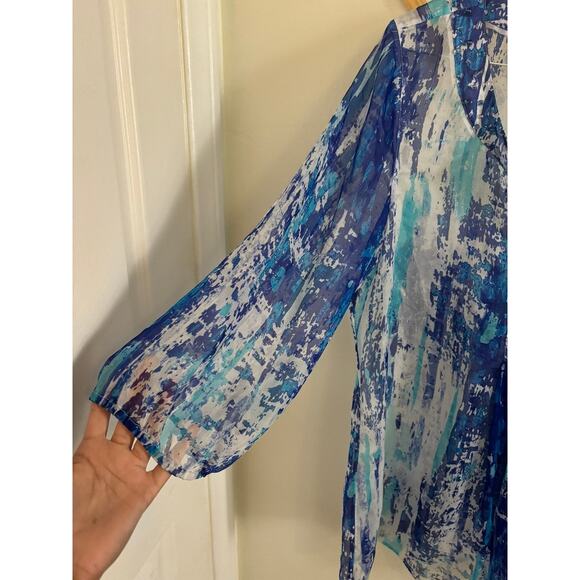 Soft Surroundings Top Women's Large 100% Silk Blue Tunic Blouse V Neck Sheer - Picture 4 of 8